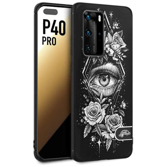 CUSTOMIZZA - Custodia cover nera morbida in tpu compatibile per Huawei P40 PRO occhio fiori rombo geometrico black and white bianco a rilievo disegnato tattoo tatuaggio