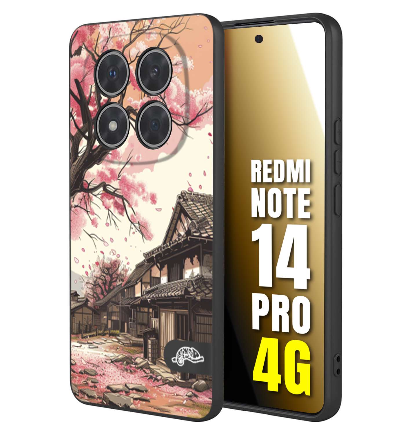 CUSTOMIZZA - Custodia cover nera morbida in tpu compatibile per Xiaomi Redmi Note 14 PRO 4G casa giapponese rosa ciliegio in fiore disegnata tattoo
