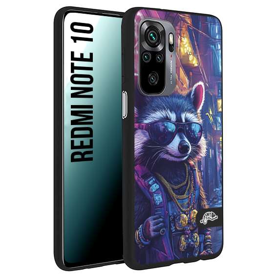 CUSTOMIZZA - Custodia cover nera morbida in tpu compatibile per Xiaomi Redmi Note 10 animali simpatici cyberpunk procione racoon street cat fucsia blu giallo