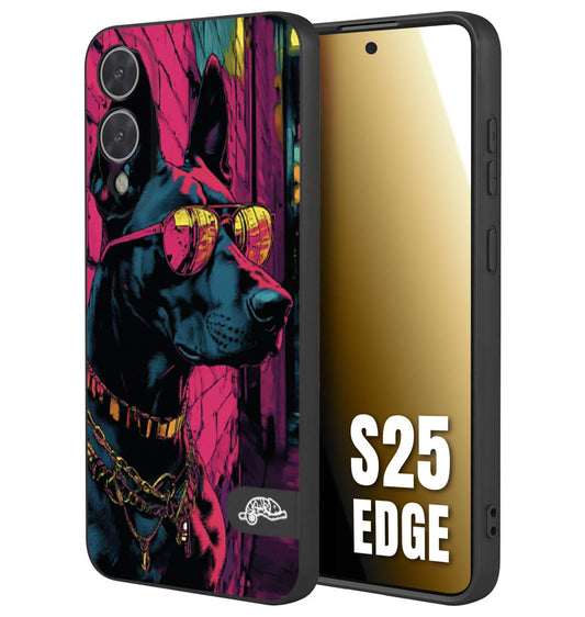 CUSTOMIZZA - Custodia cover nera morbida in tpu compatibile per Samsung S25 EDGE animali cyberpunk dobermann cane street dog fucsia blu
