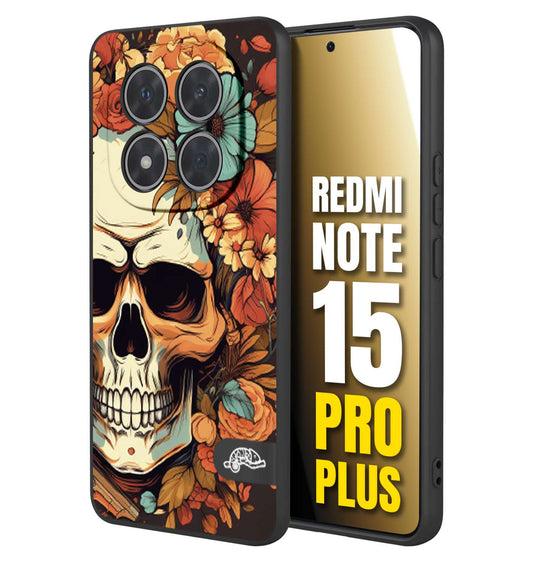 CUSTOMIZZA - Custodia cover nera morbida in tpu compatibile per Xiaomi Redmi Note 15 PRO PLUS teschio skull flowers fiori autunnali arancio celeste tattoo