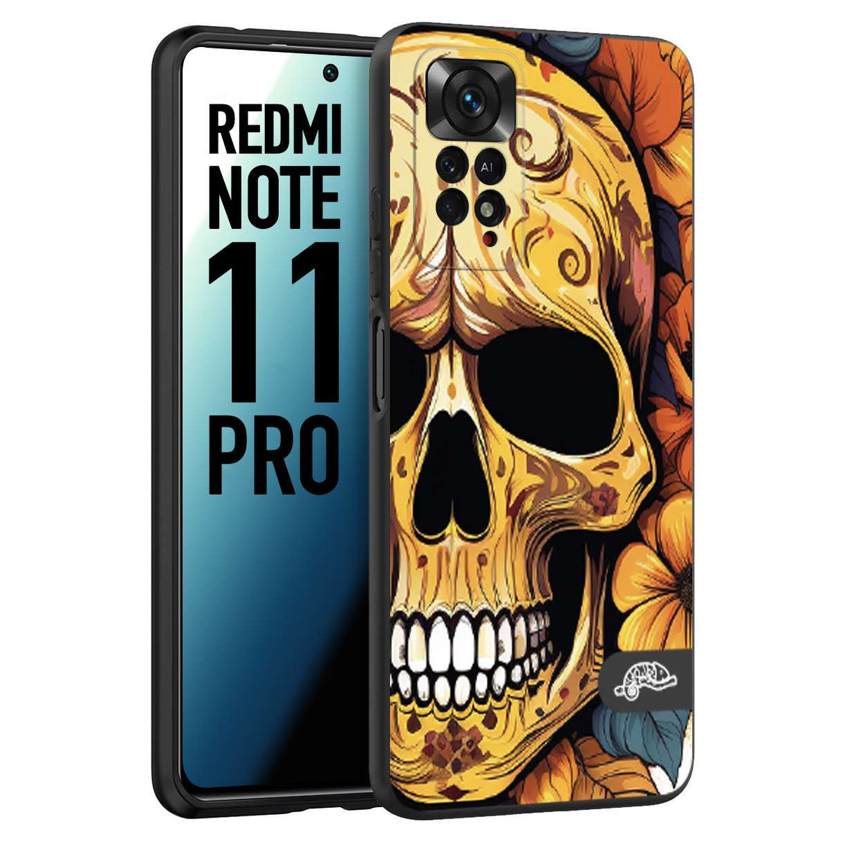 CUSTOMIZZA - Custodia cover nera morbida in tpu compatibile per Xiaomi Redmi Note 11 PRO teschio messicano colorato dorato fiori autunnali disegnato