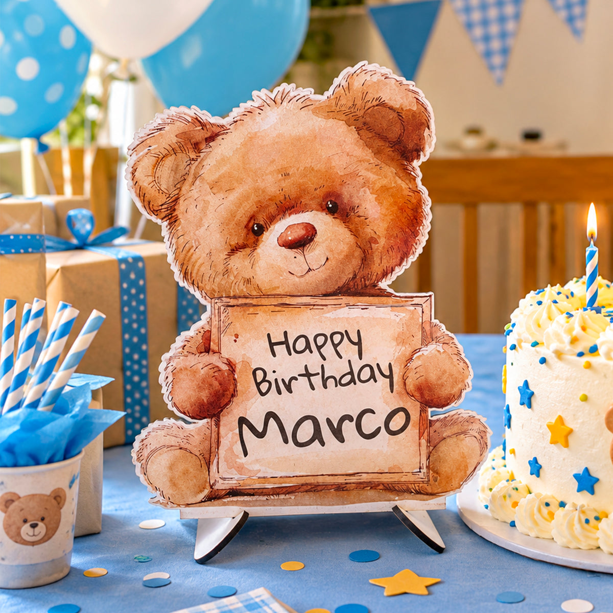 Quadro Sagomato in Legno MDF 4 mm Personalizzato con Nome per Foto Decorazione Torta e Tavolo Festa di Compleanno Fatto a Mano Design Orsetto Peluche