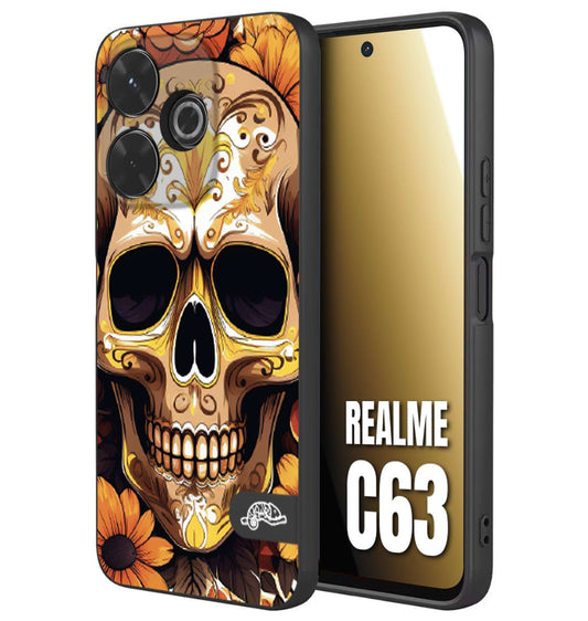 CUSTOMIZZA - Custodia cover nera morbida in tpu compatibile per Realme C63 teschio messicano colorato dorato fiori tattoo disegnato