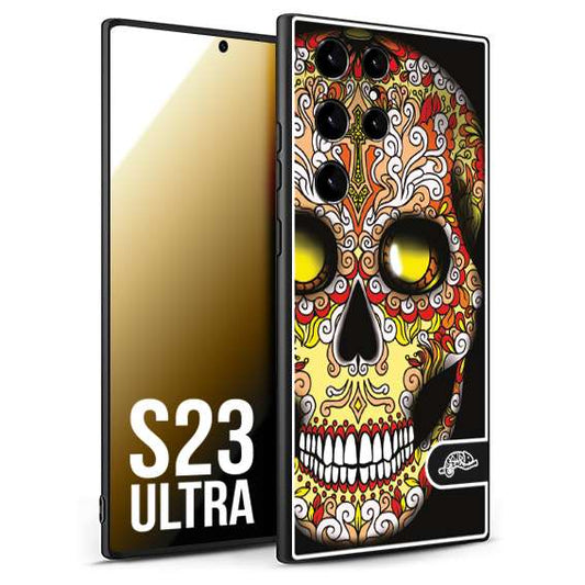 CUSTOMIZZA - Custodia cover nera morbida in tpu compatibile per Samsung S23 ULTRA teschio messicano Mexican skull giallo rosso arancio