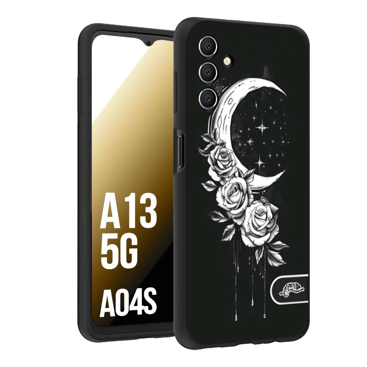 CUSTOMIZZA - Custodia cover nera morbida in tpu compatibile per Samsung A04S - A13 5G luna e fiori moon flowers black and white bianco a rilievo disegnato tattoo tatuaggio