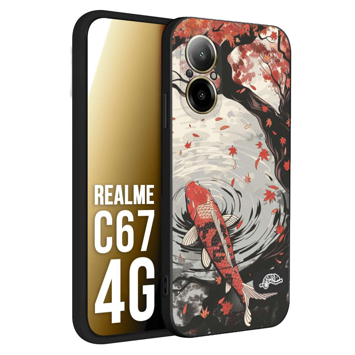 CUSTOMIZZA - Custodia cover nera morbida in tpu compatibile per Realme C67 4G giapponese lago carpa koi rossa con foglie d'acero rosso disegnata tattoo