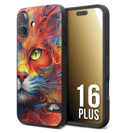 CUSTOMIZZA - Custodia cover nera morbida in tpu compatibile per iPhone 16 PLUS animali color cat gatto viso colori vibranti disegnato schizzo