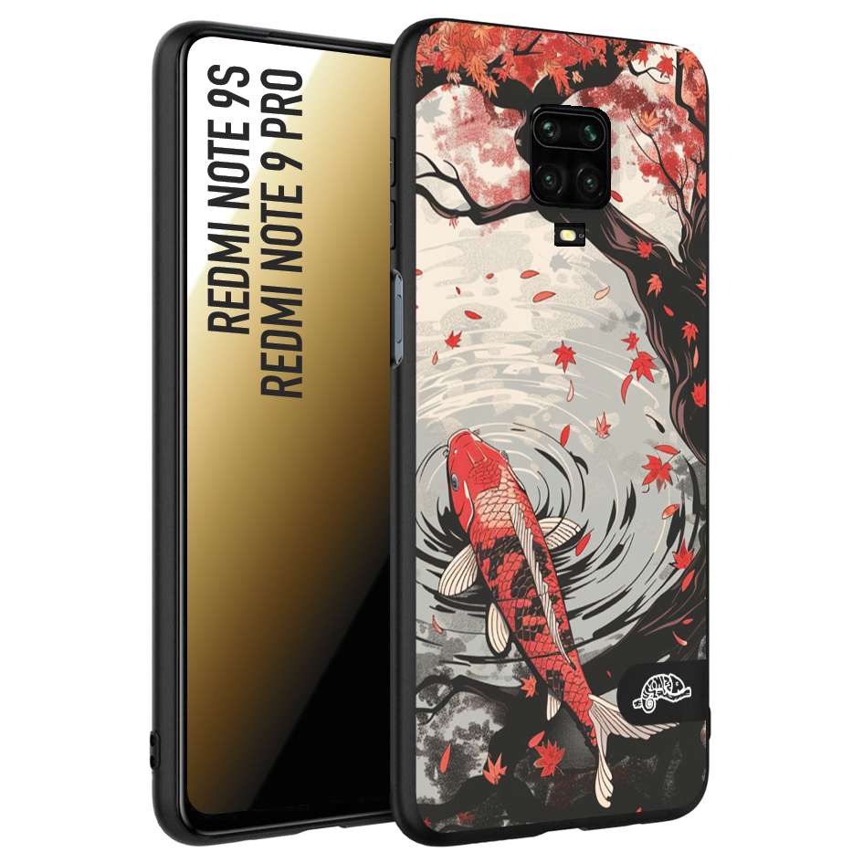 CUSTOMIZZA - Custodia cover nera morbida in tpu compatibile per Xiaomi Redmi Note 9S - Note 9 PRO giapponese lago carpa koi rossa con foglie d'acero rosso disegnata tattoo