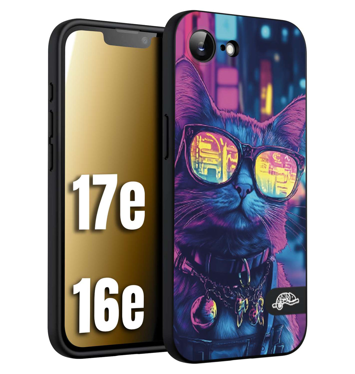 CUSTOMIZZA - Custodia cover nera morbida in tpu compatibile per iPhone 16E - 17E animali cyberpunk gatto street cat fucsia blu giallo