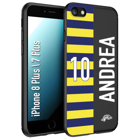 CUSTOMIZZA - Custodia cover nera morbida in tpu compatibile per iPhone 7 Plus - 8 plus personalizzata calcio football nome e numero calciatori giallo blu