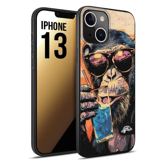 CUSTOMIZZA - Custodia cover nera morbida in tpu compatibile per iPhone 13 estate disegnata cocktails animali simpatici scimmia monkey negroni