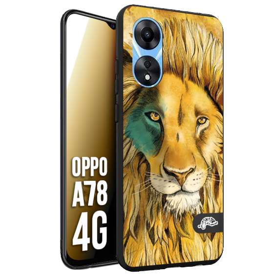 CUSTOMIZZA - Custodia cover nera morbida in tpu compatibile per Oppo A78 4G leone lion disegnato a mano giallo blu a rilievo artistico brown