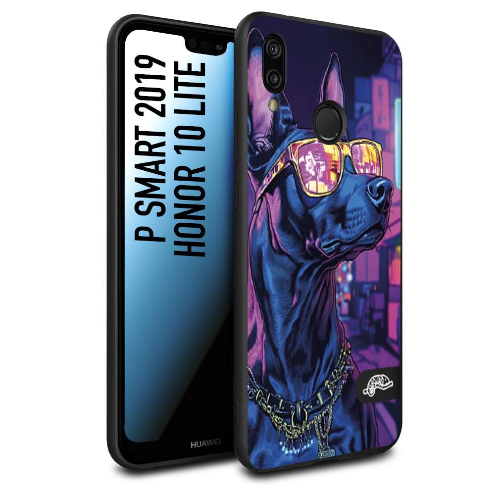 CUSTOMIZZA - Custodia cover nera morbida in tpu compatibile per Huawei P Smart 2019 animali cyberpunk dobermann cane street dog fucsia blu night