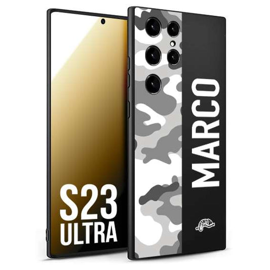 CUSTOMIZZA - Custodia cover nera morbida in tpu compatibile per Samsung S23 ULTRA camouflage mimetico militare personalizzata nome bianco