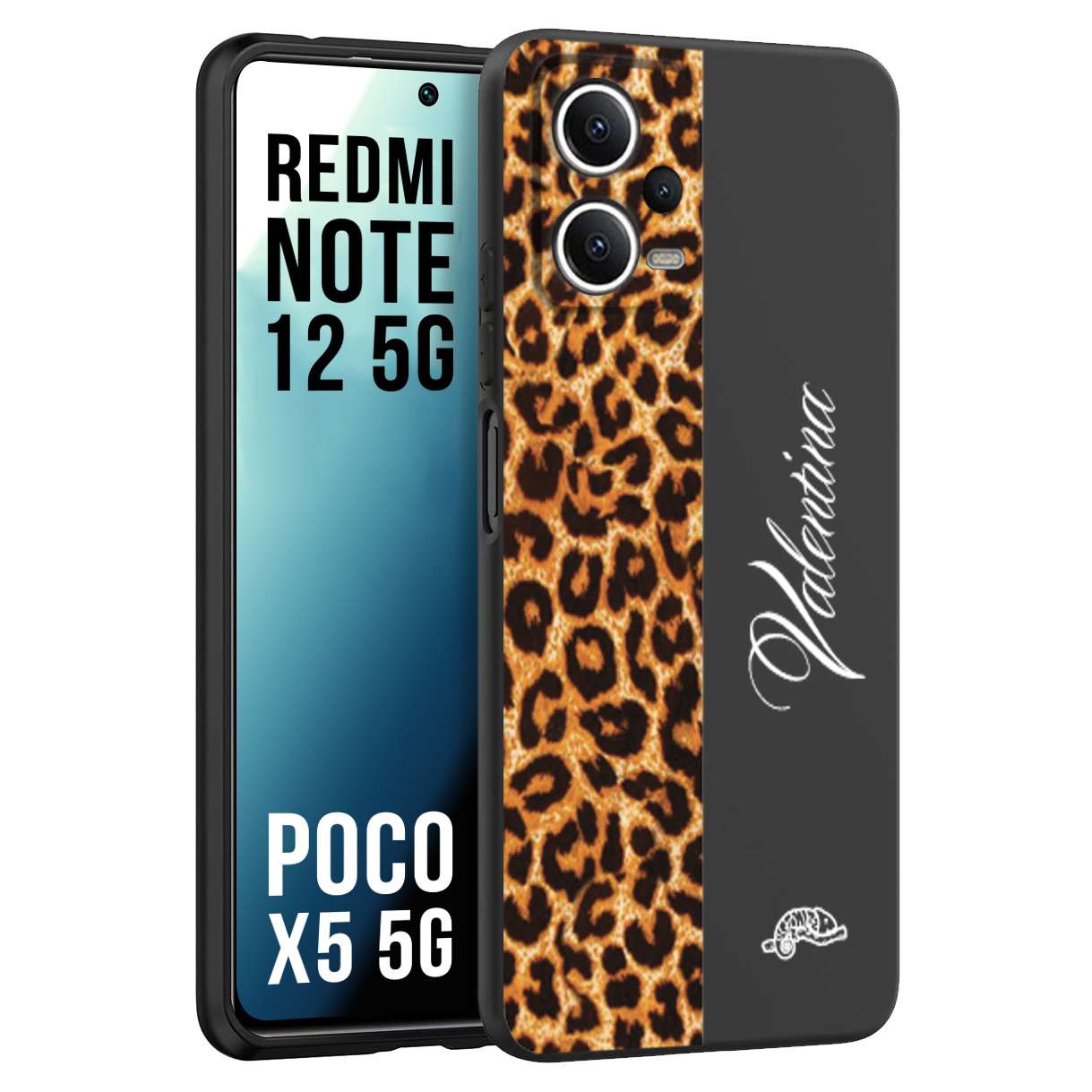 CUSTOMIZZA - Custodia cover nera morbida in tpu compatibile per Xiaomi Redmi Note 12 5G - POCO X5 5G custom nome scritta leopardato maculato donna marrone leopard