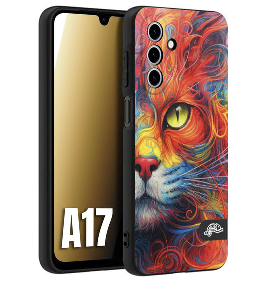 CUSTOMIZZA - Custodia cover nera morbida in tpu compatibile per Samsung A17 animali color cat gatto viso colori vibranti disegnato schizzo