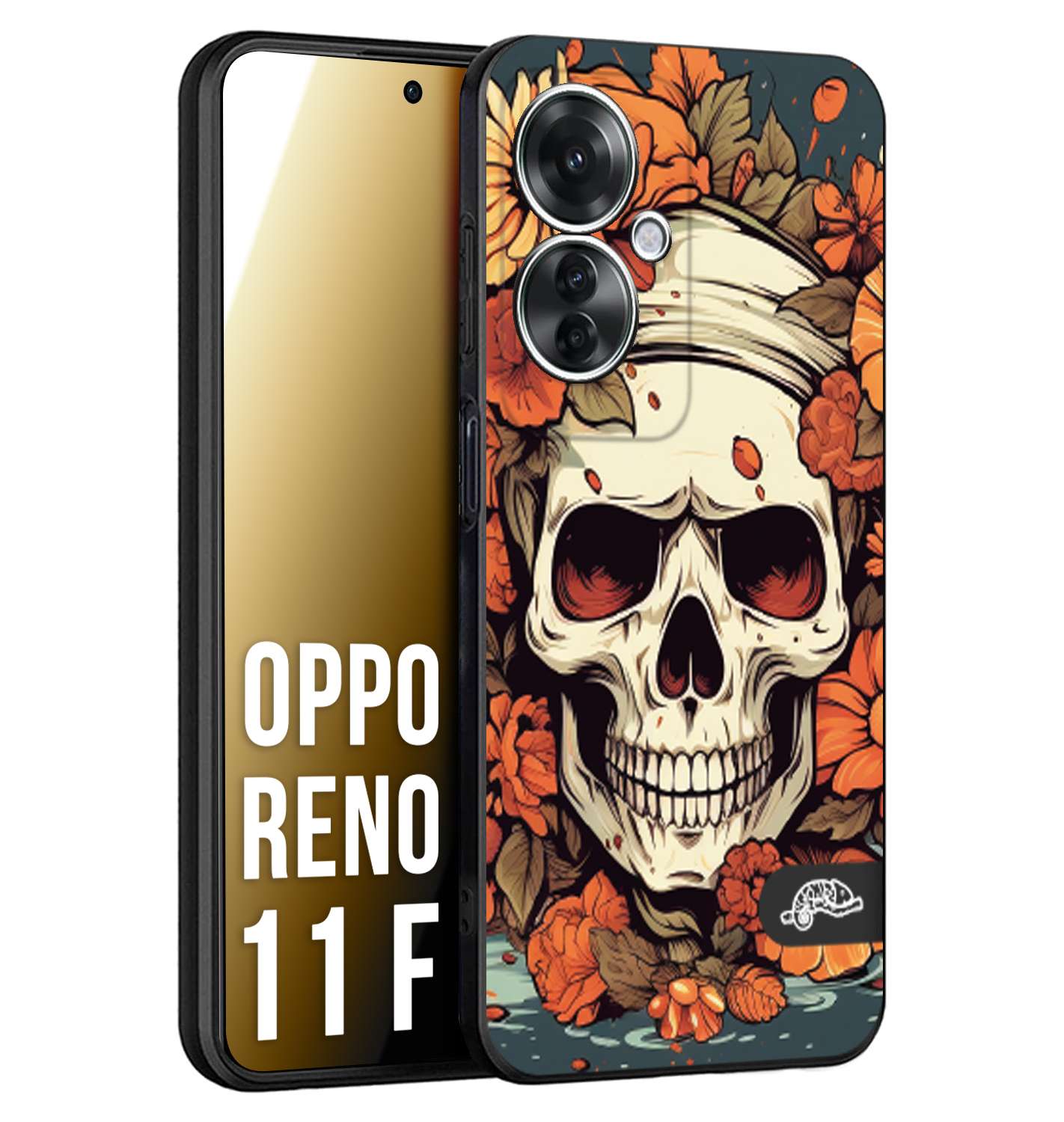 CUSTOMIZZA - Custodia cover nera morbida in tpu compatibile per Oppo Reno 11 F 5G teschio skull flowers fiori tattoo disegnato alta definizione