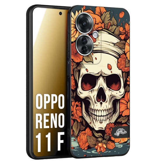 CUSTOMIZZA - Custodia cover nera morbida in tpu compatibile per Oppo Reno 11 F 5G teschio skull flowers fiori tattoo disegnato alta definizione