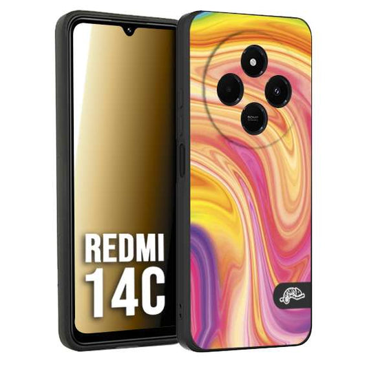 CUSTOMIZZA - Custodia cover nera morbida in tpu compatibile per Xiaomi Redmi 14C colorata fantasia vortice marmo onde rosa fucsia gialla