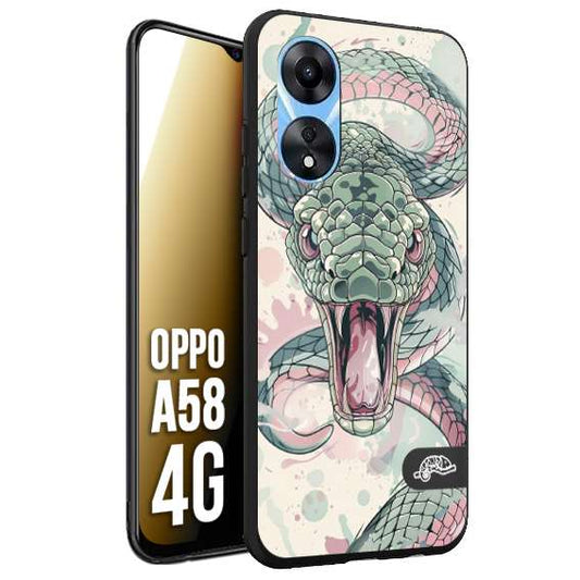 CUSTOMIZZA - Custodia cover nera morbida in tpu compatibile per Oppo A58 4G snake pink green serpente tatuaggio tattoo disegnato a mano