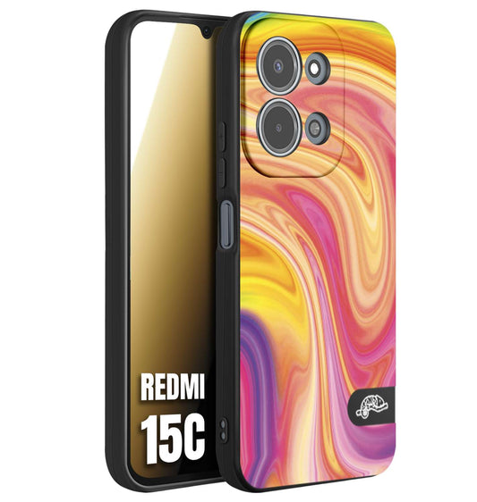 CUSTOMIZZA - Custodia cover nera morbida in tpu compatibile per Xiaomi Redmi 15C colorata fantasia vortice marmo onde rosa fucsia gialla