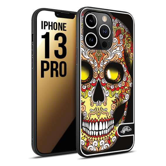 CUSTOMIZZA - Custodia cover nera morbida in tpu compatibile per iPhone 13 PRO teschio messicano Mexican skull giallo rosso arancio