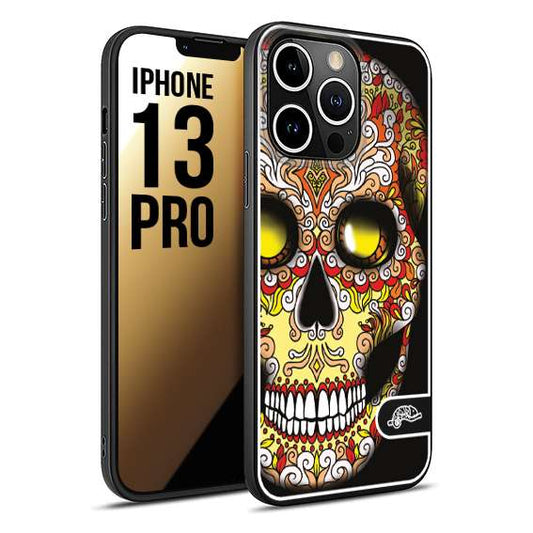 CUSTOMIZZA - Custodia cover nera morbida in tpu compatibile per iPhone 13 PRO teschio messicano Mexican skull giallo rosso arancio