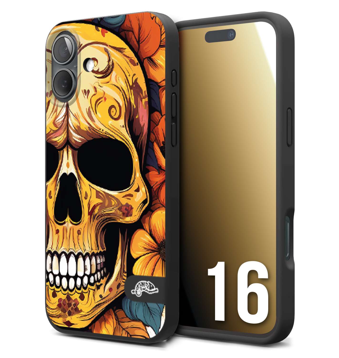 CUSTOMIZZA - Custodia cover nera morbida in tpu compatibile per iPhone 16 teschio messicano colorato dorato fiori autunnali disegnato