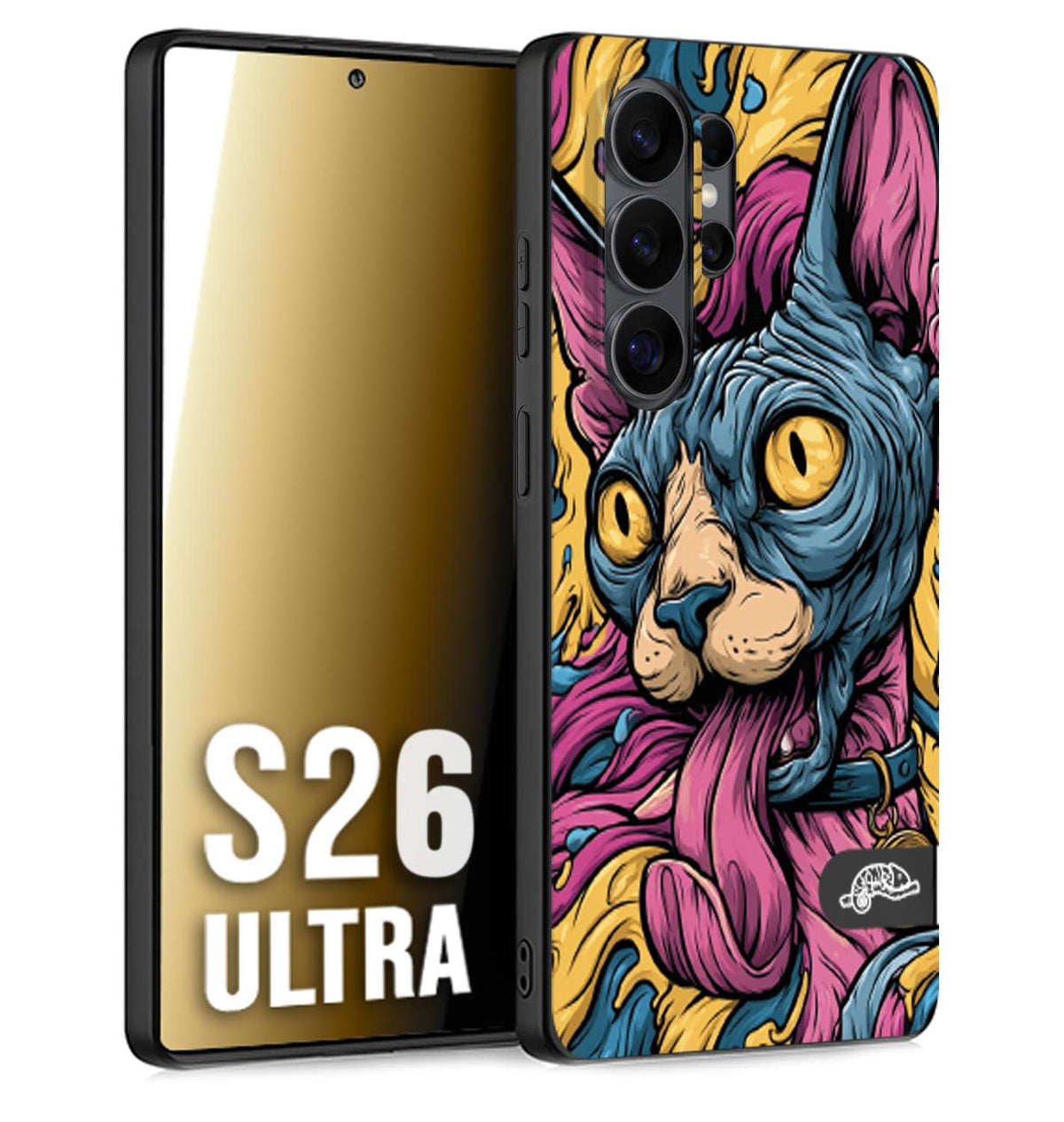 CUSTOMIZZA - Custodia cover nera morbida in tpu compatibile per Samsung S26 ULTRA Sphynx Colorato Pop Art Psichedelico Gatto Blu Rosa Giallo Artistica Fantasy