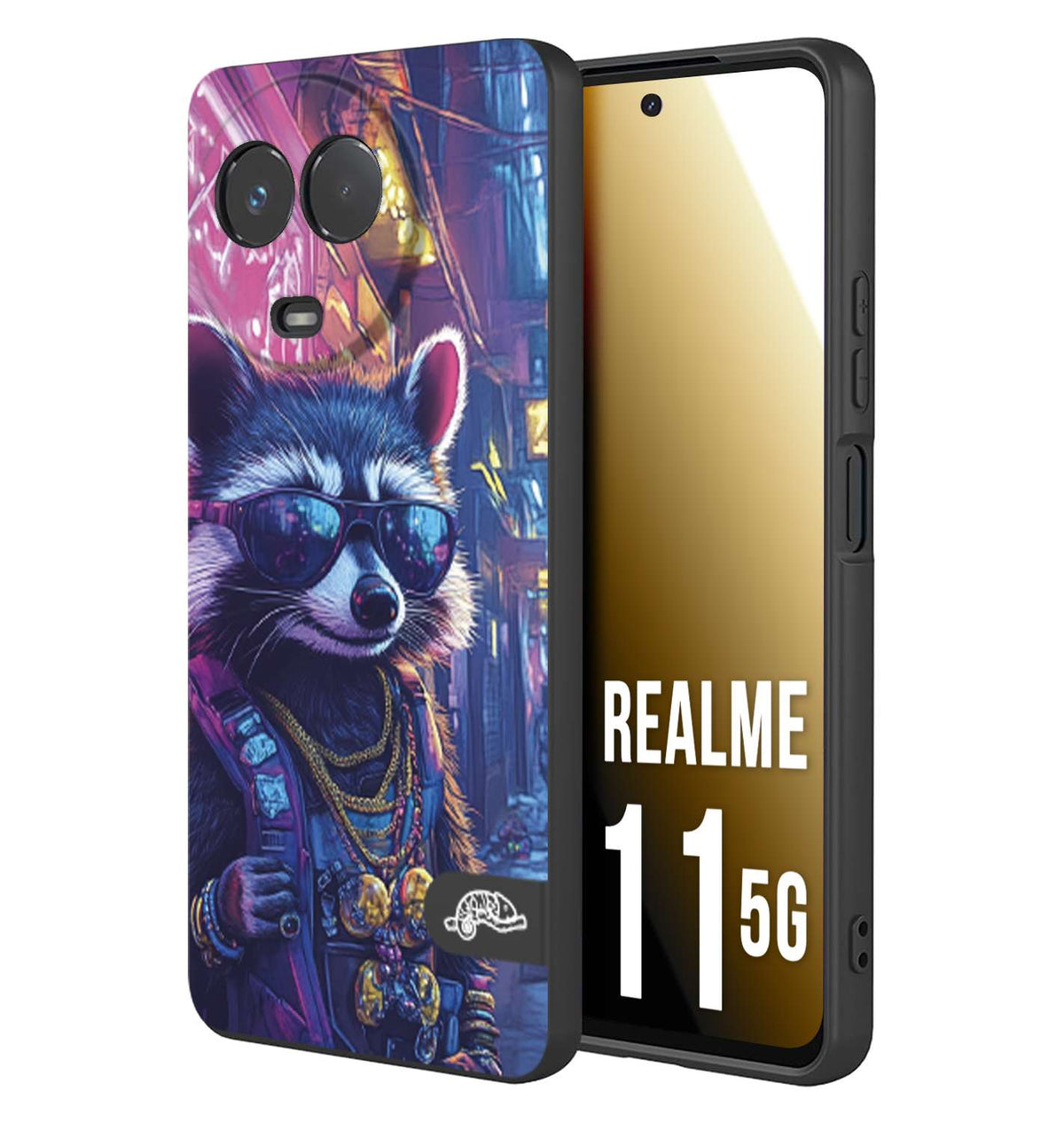 CUSTOMIZZA - Custodia cover nera morbida in tpu compatibile per Realme 11 5G animali simpatici cyberpunk procione racoon street cat fucsia blu giallo