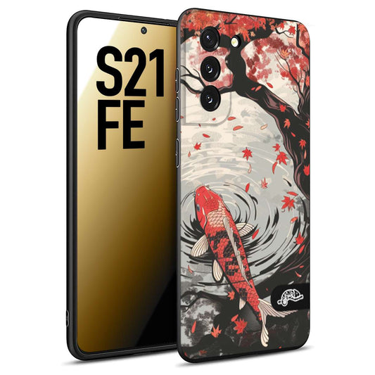 CUSTOMIZZA - Custodia cover nera morbida in tpu compatibile per Samsung S21 FE giapponese lago carpa koi rossa con foglie d'acero rosso disegnata tattoo