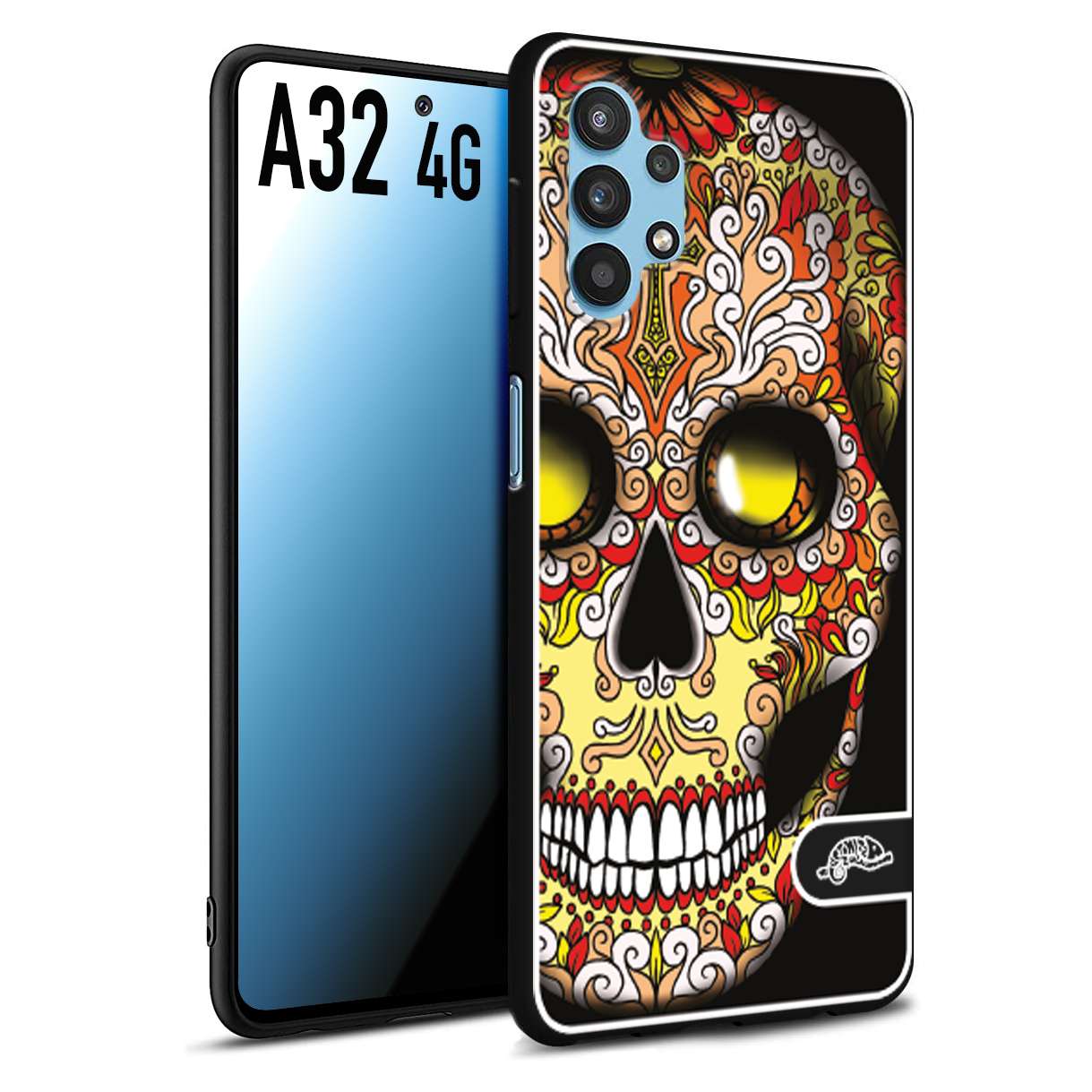 CUSTOMIZZA - Custodia cover nera morbida in tpu compatibile per Samsung A32 4G teschio messicano Mexican skull giallo rosso arancio