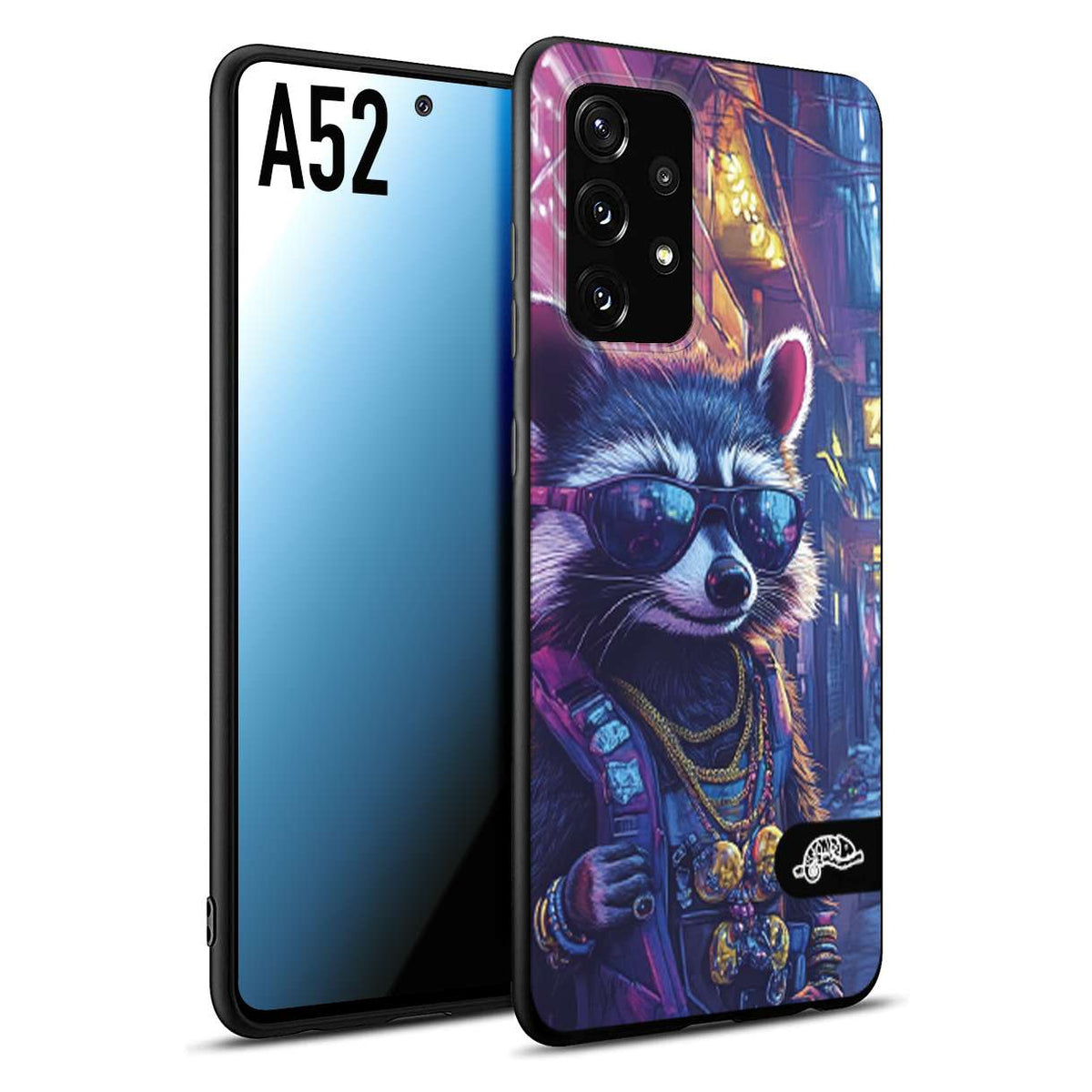 CUSTOMIZZA - Custodia cover nera morbida in tpu compatibile per Samsung A52 animali simpatici cyberpunk procione racoon street cat fucsia blu giallo