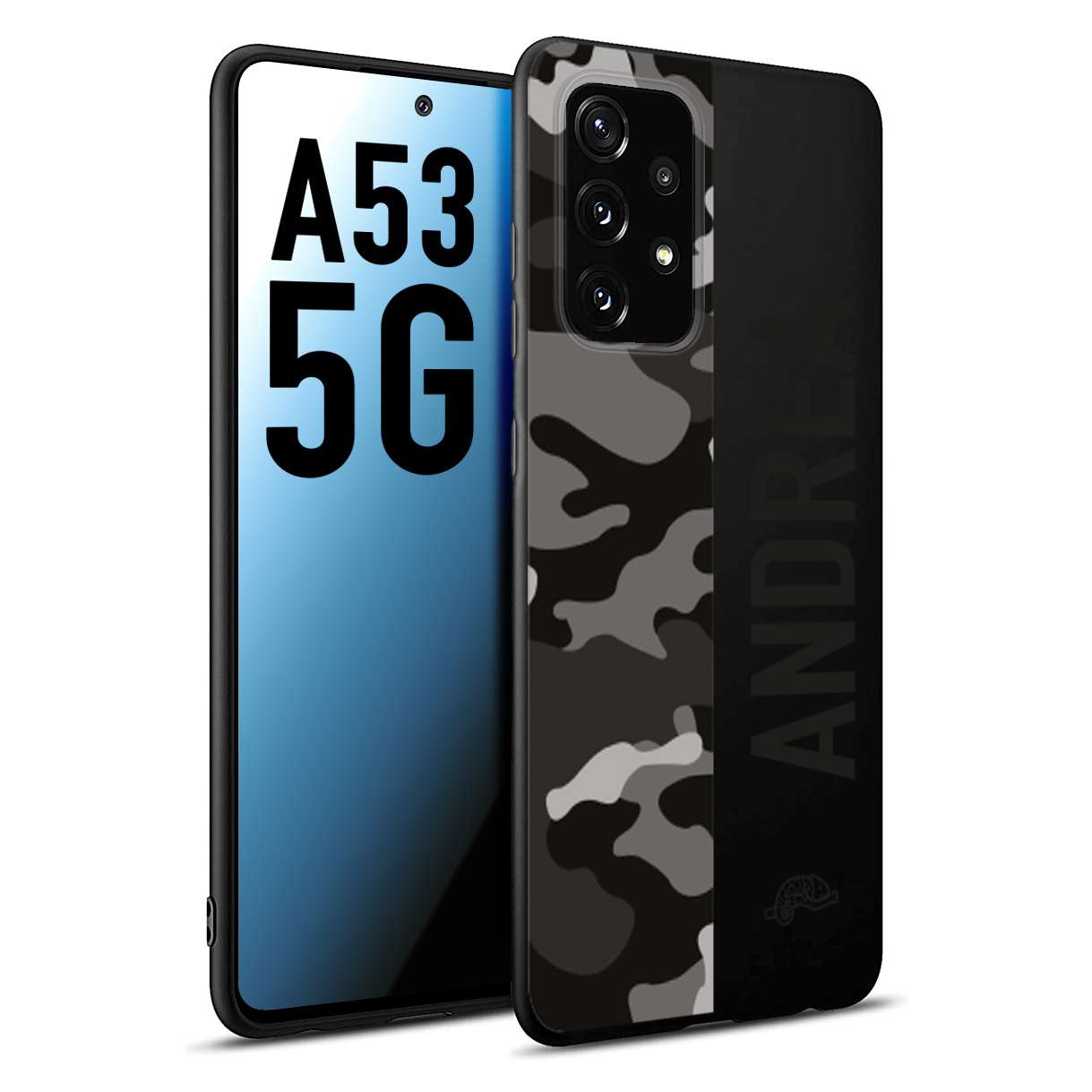 CUSTOMIZZA - Custodia cover nera morbida in tpu compatibile per Samsung A53 5G camouflage mimetico militare personalizzata nome