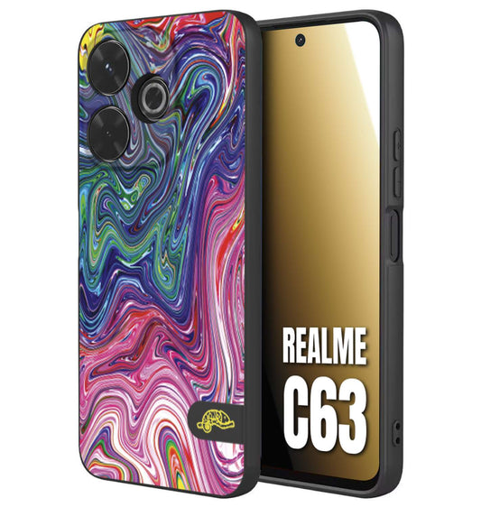 CUSTOMIZZA - Custodia cover nera morbida in tpu compatibile per Realme C63 colorata fantasia vortice marmo arcobaleno rosa blu fucsia