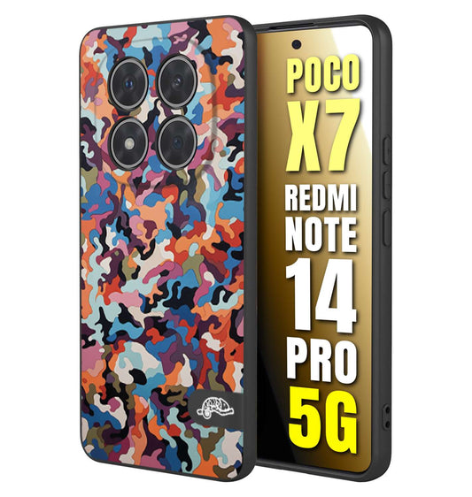 CUSTOMIZZA - Custodia cover nera morbida in tpu compatibile per Xiaomi Redmi Note 14 PRO 5G camouflage mimetico militare moderno blu arancio rosa