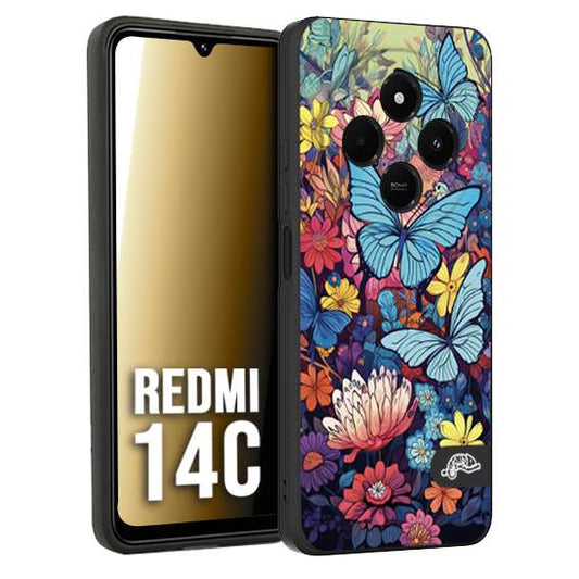 CUSTOMIZZA - Custodia cover nera morbida in tpu compatibile per Xiaomi Redmi 14C farfalle butterfly moderno donna disegnate gialla blu rosa
