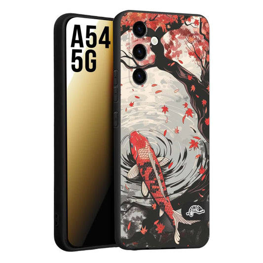 CUSTOMIZZA - Custodia cover nera morbida in tpu compatibile per Samsung A54 5G giapponese lago carpa koi rossa con foglie d'acero rosso disegnata tattoo