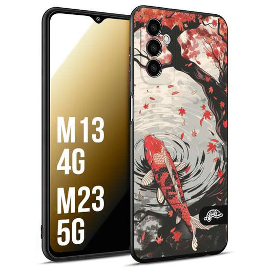 CUSTOMIZZA - Custodia cover nera morbida in tpu compatibile per Samsung M13 4G - M23 5G giapponese lago carpa koi rossa con foglie d'acero rosso disegnata tattoo