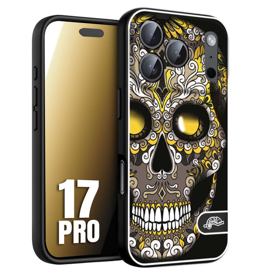 CUSTOMIZZA - Custodia cover nera morbida in tpu compatibile per iPhone 17 PRO teschio messicano Mexican skull nero giallo