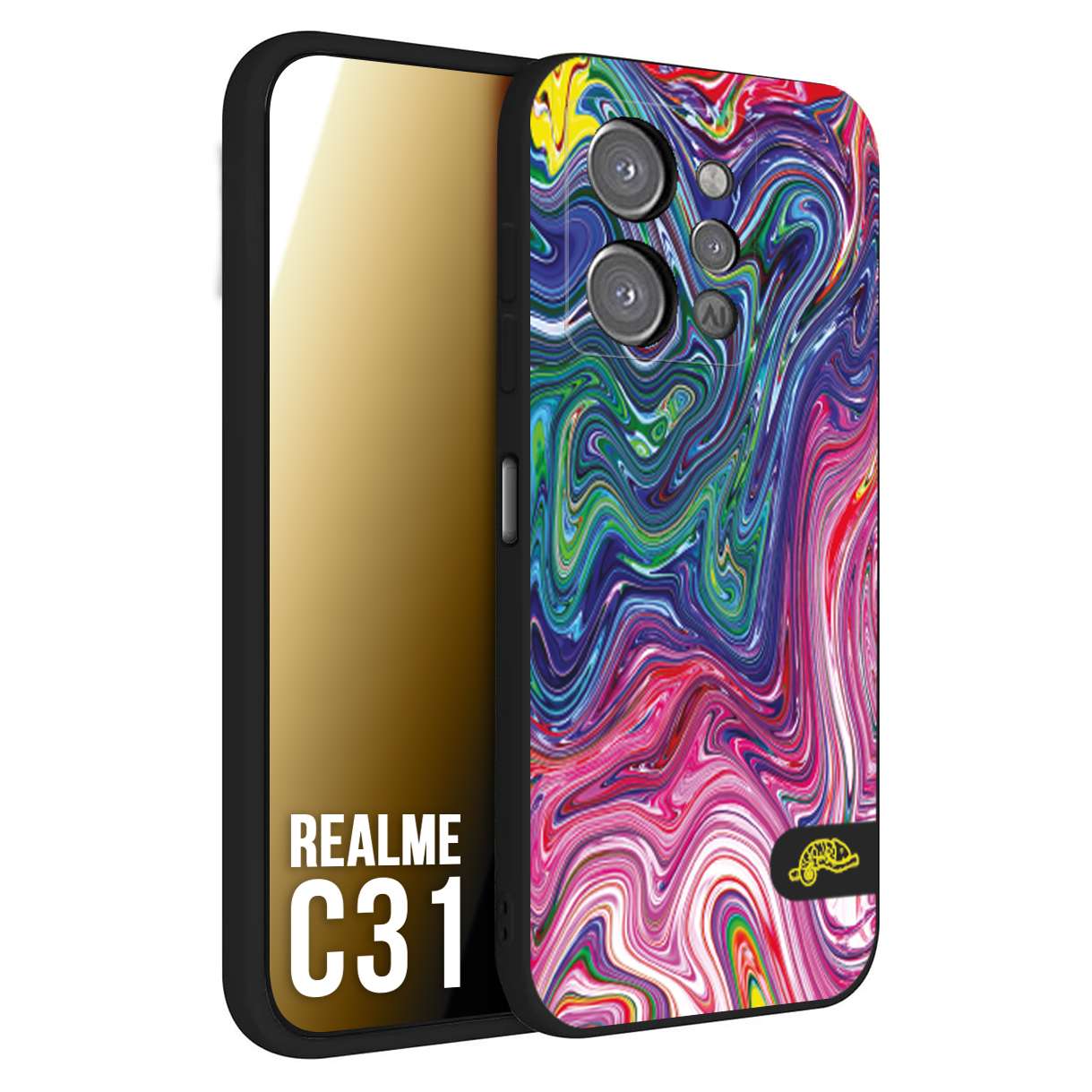 CUSTOMIZZA - Custodia cover nera morbida in tpu compatibile per Oppo Realme C31 colorata fantasia vortice marmo arcobaleno rosa blu fucsia