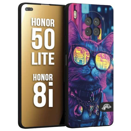 CUSTOMIZZA - Custodia cover nera morbida in tpu compatibile per Honor 8i - Honor 50 LITE animali cyberpunk gatto street cat fucsia blu giallo