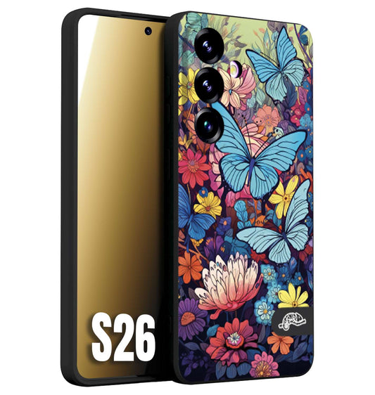 CUSTOMIZZA - Custodia cover nera morbida in tpu compatibile per Samsung S26 farfalle butterfly moderno donna disegnate gialla blu rosa