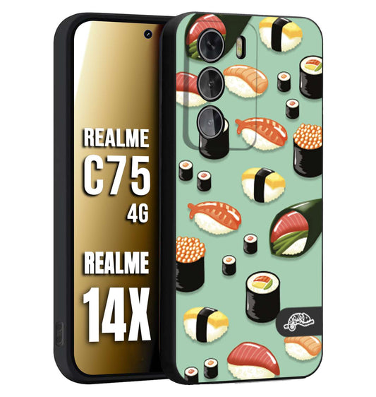 CUSTOMIZZA - Custodia cover nera morbida in tpu compatibile per Realme 14X - C75 4G sushi disegni giapponese nighiri acquamarina verde