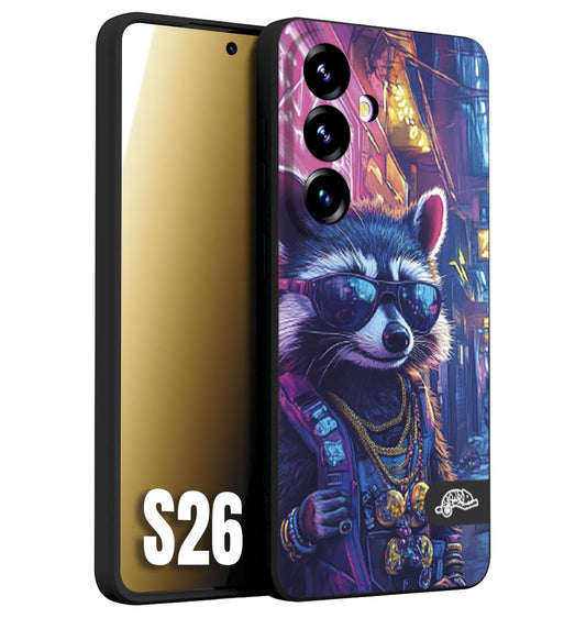 CUSTOMIZZA - Custodia cover nera morbida in tpu compatibile per Samsung S26 animali simpatici cyberpunk procione racoon street cat fucsia blu giallo