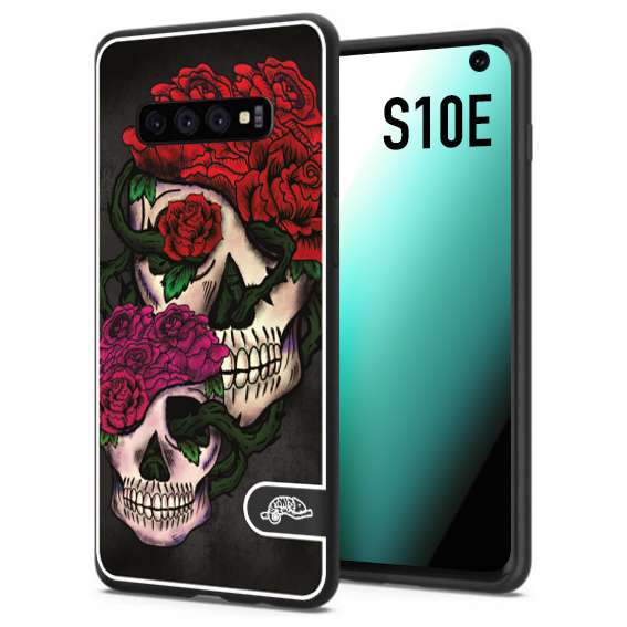 CUSTOMIZZA - Custodia cover nera morbida in tpu compatibile per Samsung S10E teschi e rose rosse fucsia skull and roses