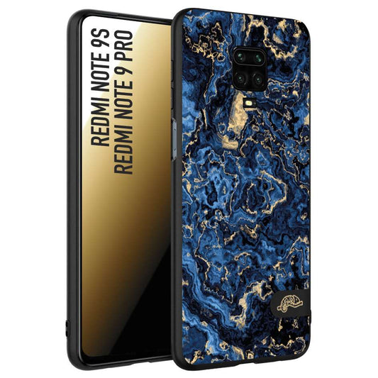 CUSTOMIZZA - Custodia cover nera morbida in tpu compatibile per Xiaomi Redmi Note 9S - Note 9 PRO effetto marmo marble blu venature dorato psichedelico