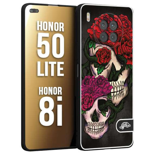 CUSTOMIZZA - Custodia cover nera morbida in tpu compatibile per Honor 8i - Honor 50 LITE teschi e rose rosse fucsia skull and roses
