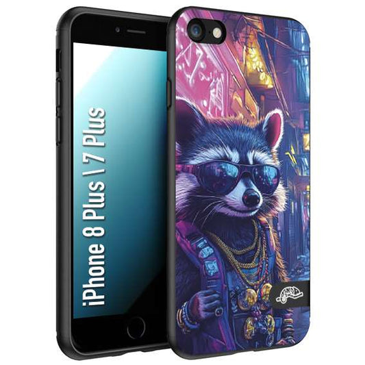 CUSTOMIZZA - Custodia cover nera morbida in tpu compatibile per iPhone 7 Plus - 8 plus animali simpatici cyberpunk procione racoon street cat fucsia blu giallo